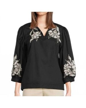 Tru Luxe Poplin Embroidered Floral Applique Collared V-Neck 3/4 Sleeve Popover Shirt - Black