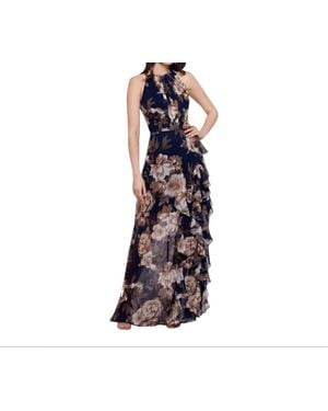 Betsy & Adam Petite Floral Chiffon Ruffle Gown - Blue