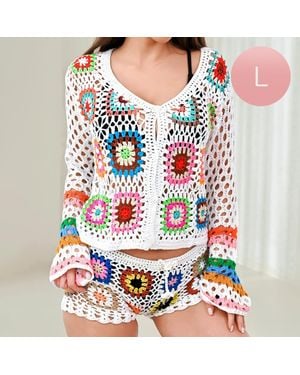 TRUEDAMES Granny Square Crochet Long Sleeves Shirt Cardigan - White