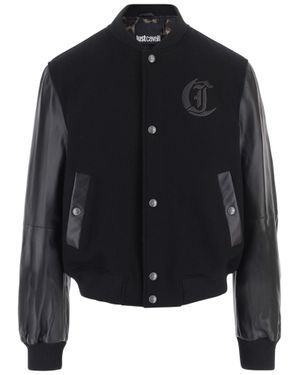 Just Cavalli Varsity-Style Wool Jacket With Leather Sleeves And Logo Detail - Black