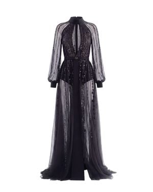 Saiid Kobeisy A-Line Sheer Embroidered Evening Dress - Blue