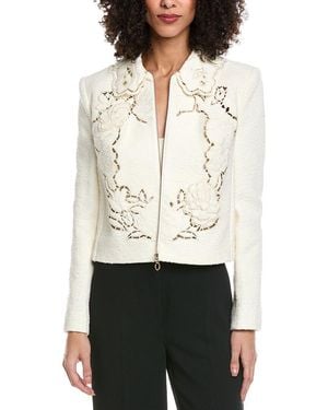 Oscar de la Renta Floral Detail Tweed Silk-Lined Wool-Blend Jacket - White