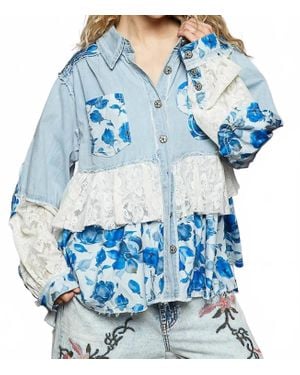 Pol Patchwork Denim Shirt With Lace Trim Details - Blue