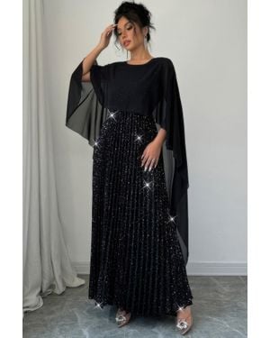 TRUEDAMES Elegant Sequin Satin Knit Pleated Long Dress - Black