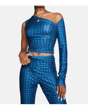 Another Girl Wavy Check Asymmetric Top - Blue