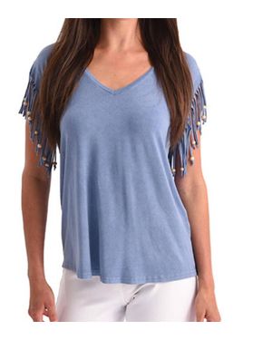 Angel Stone Wash Cut Out Fringe Beaded Sleeve Top - Blue