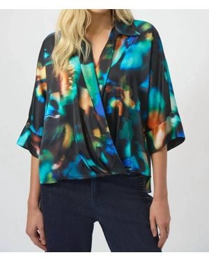 Joseph Ribkoff Abstract Print V-Neck Satin Top - Blue