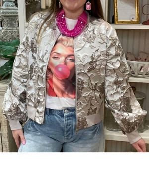 Voya Long Puff Sleeve Floral Metallic Jacquard Bomber Jacket - Gray