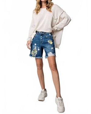 Easel Distressed Washed High-Rise Shorts - Blue