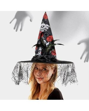 Fashnzfab Flower Feather Skull Spider Web Halloween Witch Hat - Metallic