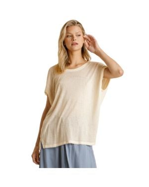 TRUEDAMES Short Sheer Dolman Sleeve Scoop Neck Top With Side Slit - Natural