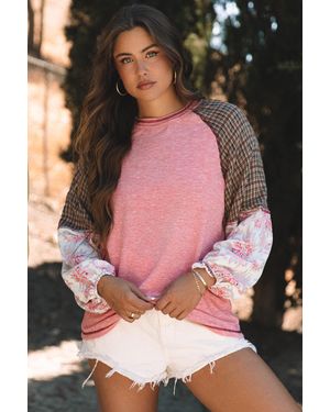 TRUEDAMES Mixed Print Raglan Sleeve Ribbed Knit Patchwork Blouse - Pink