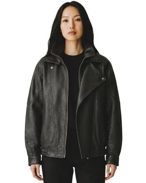 Infinity Leather Lamb Leather Big Bomber Biker Blouson Oversized Jacket - Black