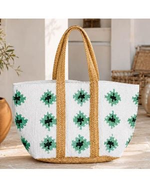 Fashnzfab Oversized Boho Woven Geometric Pattern Carryall Shoulder Tote Bag 24" X 17" X 10.5" - Green