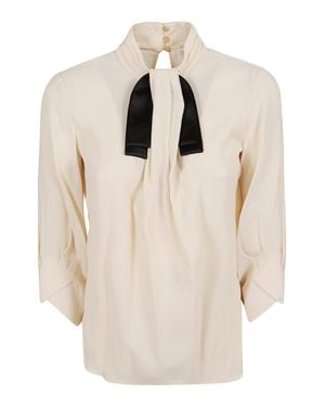 Elisabetta Franchi Stand-Up Collar Jabot Georgette Blouse - Natural