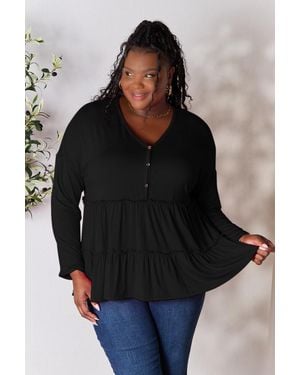 TRUEDAMES Double Take Half Button Long Sleeve Ruffle Hem Blouse - Black