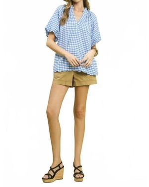 Umgee Gingham Bubble Sleeve V-Neck Top - Blue