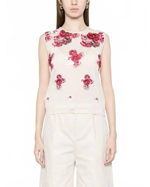 Giambattista Valli Ruby Pansies Cashmere Tank Top - White