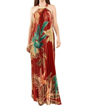 The Sang Pleated Floral Halter Maxi Dress - Red