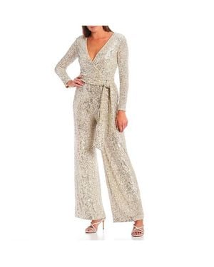 Eliza J Sequin V-Neck Long Sleeve Straight Leg Wrap Jumpsuit - Natural