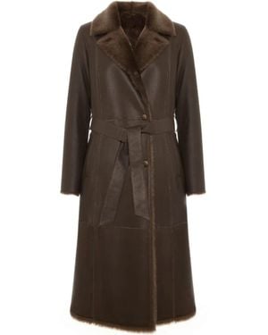 Bigardini Long Merino Shearling Coat With Plush Collar And Tailored Fit - Brown