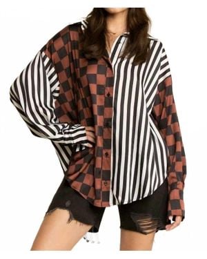 Jade By Jane Split Decision Checker-Stripe Blouse - Black