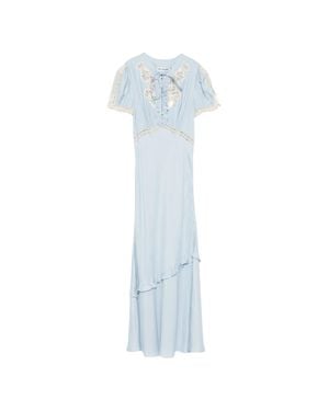 Self-Portrait Lace Trim Ruffle Button-Front Maxi Dress - Blue