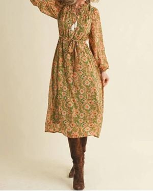 En Merci Exclusive Floral Print Belted Midi Dress - Natural