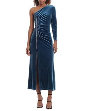 Donna Morgan Velvet One Shoulder Embellished Front Slit Midi Dress - Blue