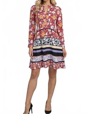 Taylor Floral Print Long Sleeve Split V-Neck Dress - Red