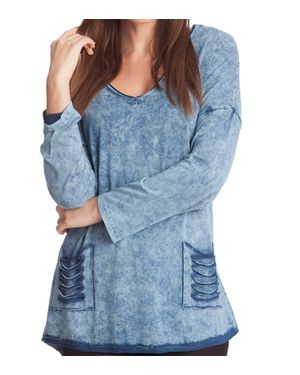 Angel Stonewash V-Neck Cut Out Pocket Top - Blue