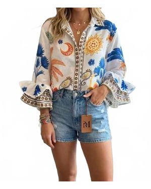 Lowie Printed Button Front Blouse - Blue
