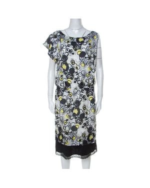 Gianfranco Ferré Gf Ferre Circle Print Silk Lace Detail Asymmetric Shoulder Dress - Gray