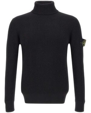 Stone Island T-Neck Compass Logo Ribbed Turtleneck Sweater - Blue