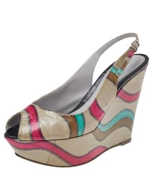 Sergio Rossi Stitch Leather Platform Slingback Wedge Sandals - Gray