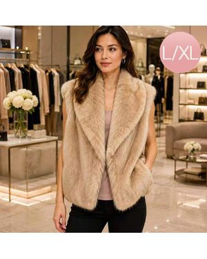 TRUEDAMES Faux Fur Plush Open Front Shawl Collar Winter Vest - Natural