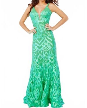 Jovani Low V Neck Sheath Long Dress - Green