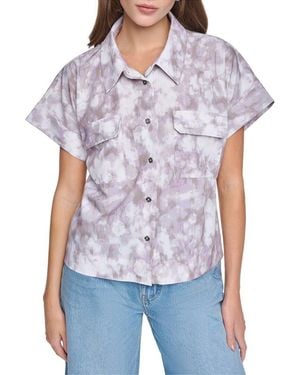 Halston Printed Short Sleeve Button Up Shirt - Blue