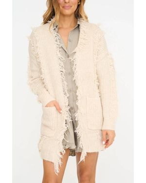 Q2 Boho Distressed Cardigan With Front Pockets - Natural