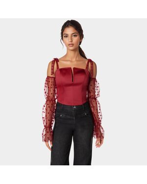 Bebe Off Shoulder Combo Swiss Dot Satin Corset - Red