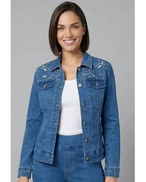 Ethyl Laser Cut Floral Denim Jacket - Blue
