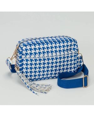 Fashnzfab Faux Leather Houndstooth Pattern Crossbody Bag - Blue