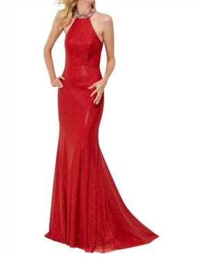Angela & Alison Sequin Halter Prom Dress - Red