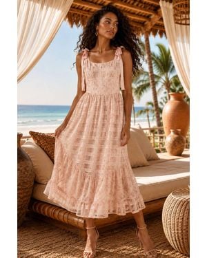 SurelyMine Garden Lace Tiered Midi Dress - Brown