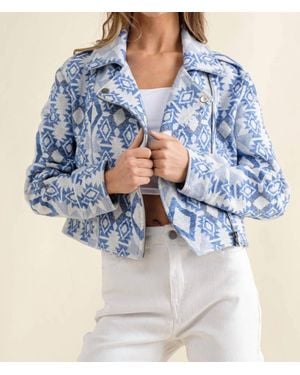 Blue B Jacquard Aztec Crop Moto Jacket - Blue