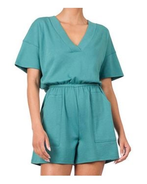 Zenana Drop V Neck Romper - Blue