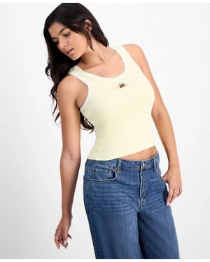 Just Polly Tank Top Ivory Stretch Lace Trim Scoop Neck Cropped Pal61 - Blue