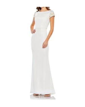 Ieena for Mac Duggal Beaded Cap Sleeve Column Dress - White
