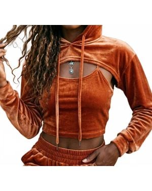 SurelyMine Malibu Vintage Relaxed Velvet Cropped Hoodie Set - Brown
