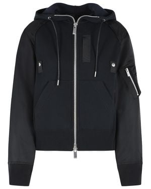 Sacai Drawstring Hooded Cotton-Blend Zip Sweatshirt - Black